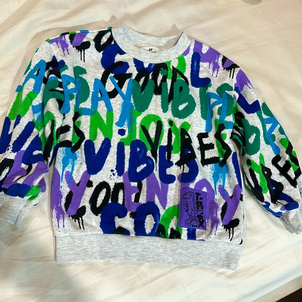 H&M Graffiti Graphic Crew Neck Sweatshirt T-Rex Dino Patch Streetwear Ki…